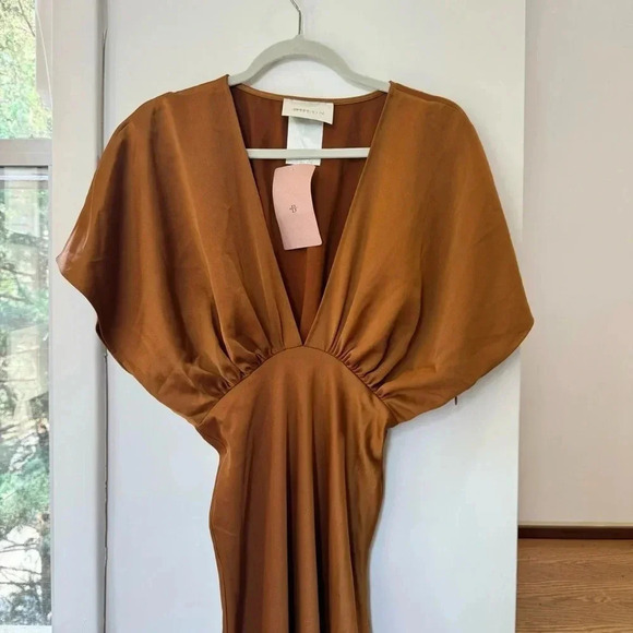 NWT Anthropologie BHLDN Amelia Deep V Satin Gown Maxi Dress Long in Rust Brown 4 - Picture 7 of 16